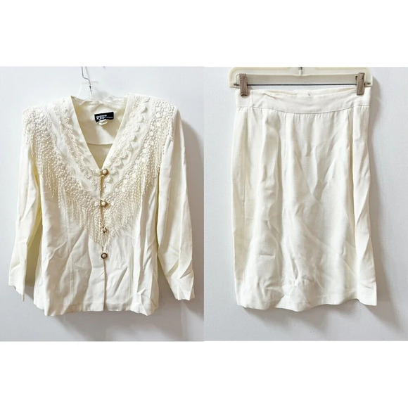 Vtg Dawn Joy 80s Womens Ivory Western Fringe Blazer Skirt Suit Set Sz Small - Picture 1 of 16